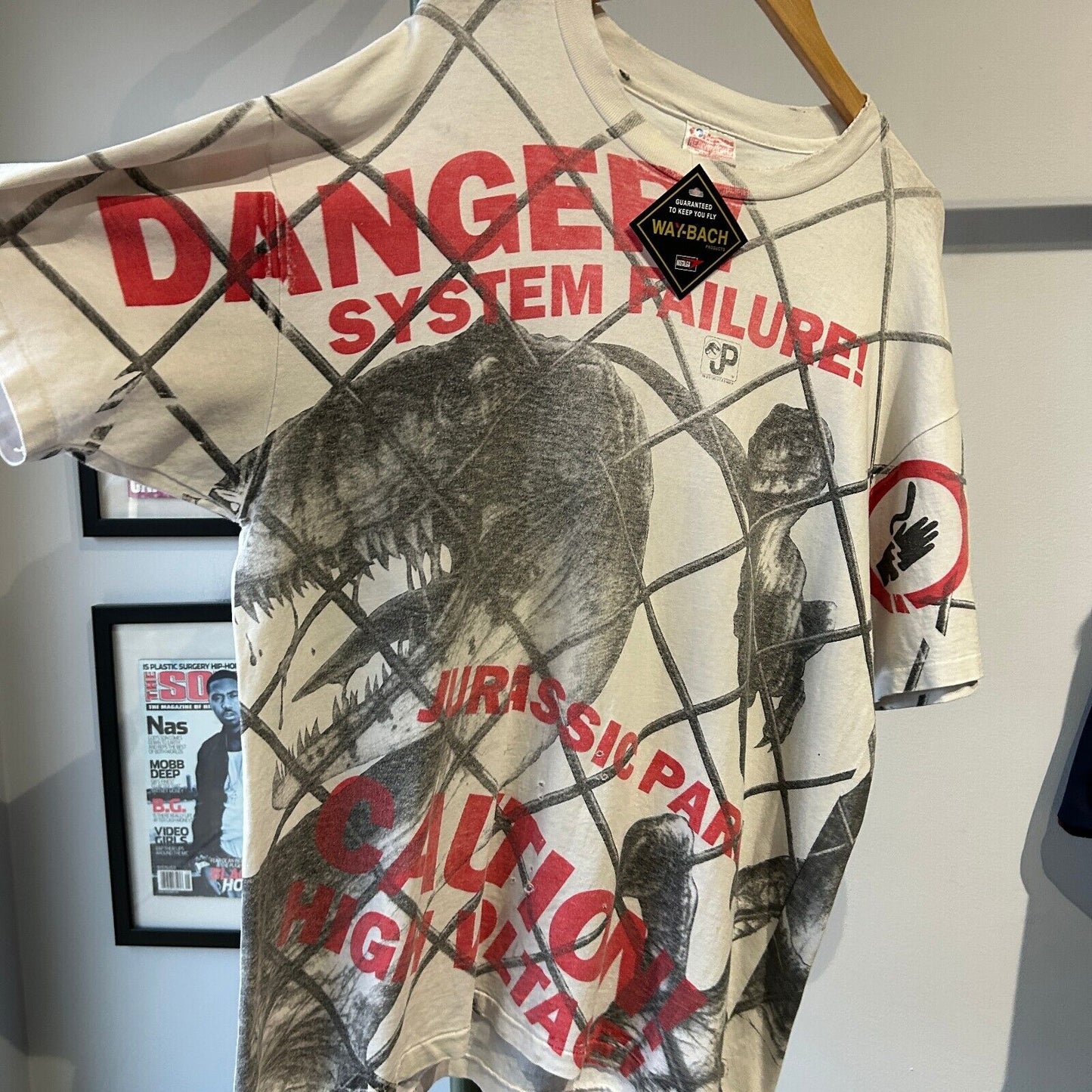 VINTAGE 90s | JURASSIC PARK Danger All Over Print Movie T-Shirt sz XL Adult