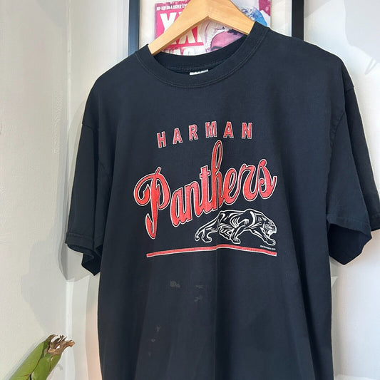 VINTAGE 90s | Harman Panthers Black Logo T-Shirt sz L Adult