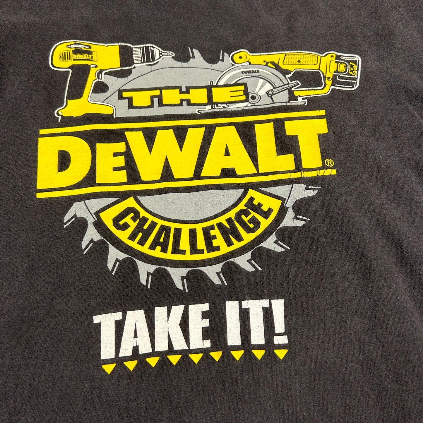 VINTAGE 90s DeWALT Challenge Cordless Not Gutless Black T-Shirt sz Large Adult