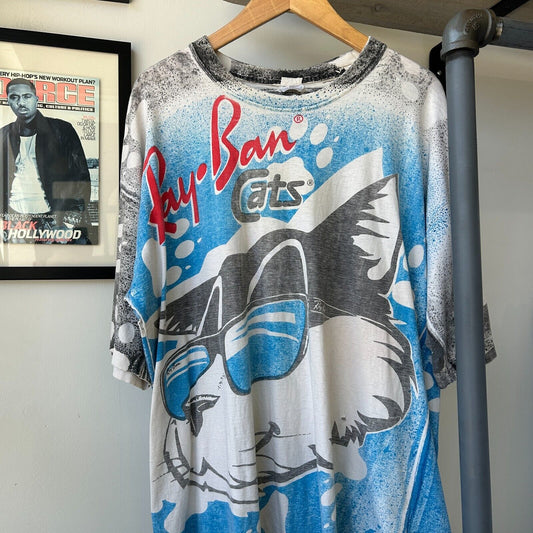 VINTAGE 90s | Ray-Ban Cats All Over Print T-Shirt sz XL