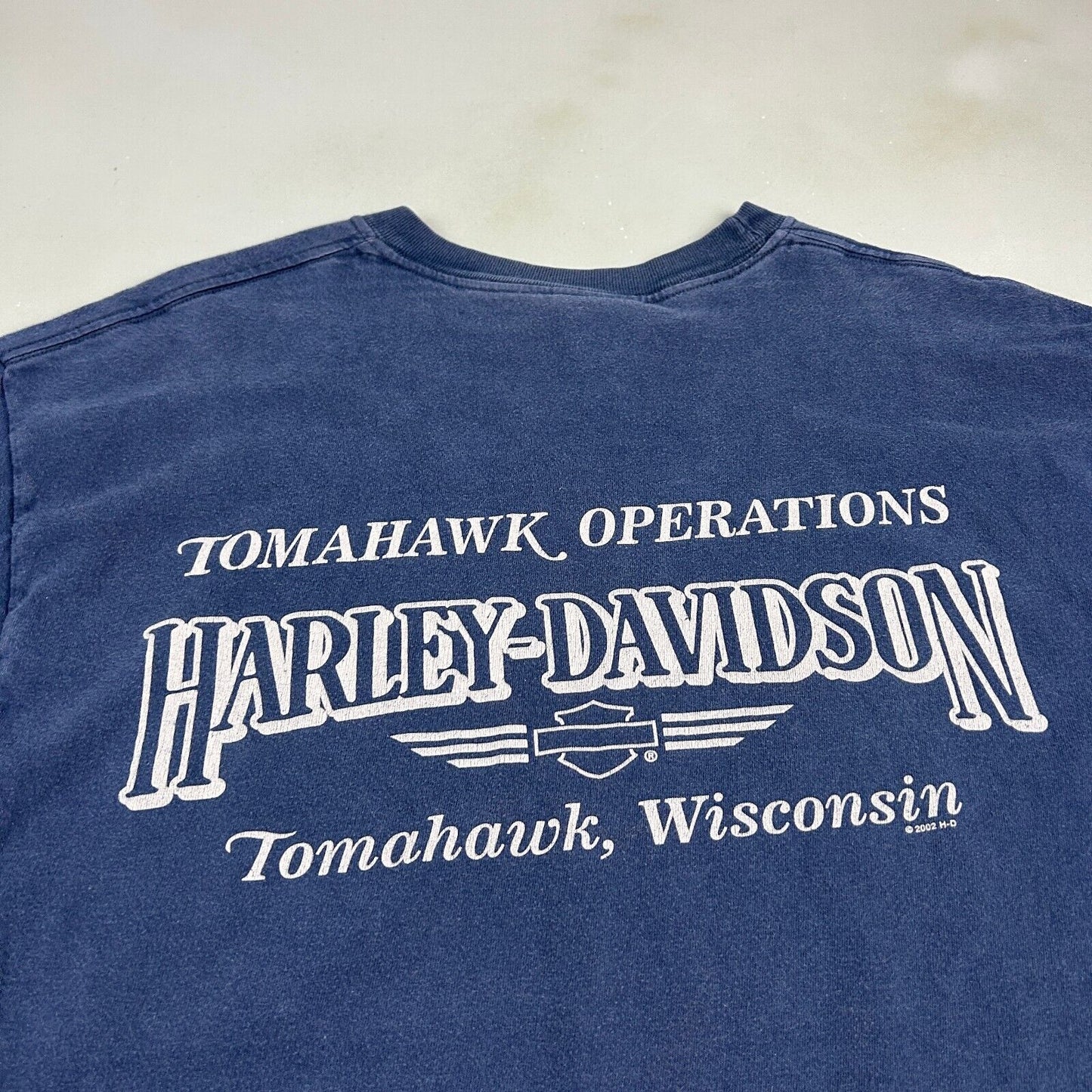 VINTAGE | HARLEY DAVIDSON Motor Cycles Tomahawk Biker Navy T-Shirt sz L Adult