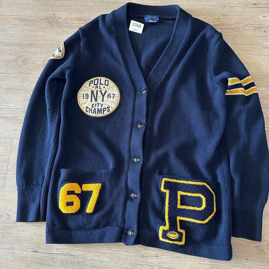 POLO Ralph Lauren NY Champs RL Varsity Knit Cardigan Sweater sz S
