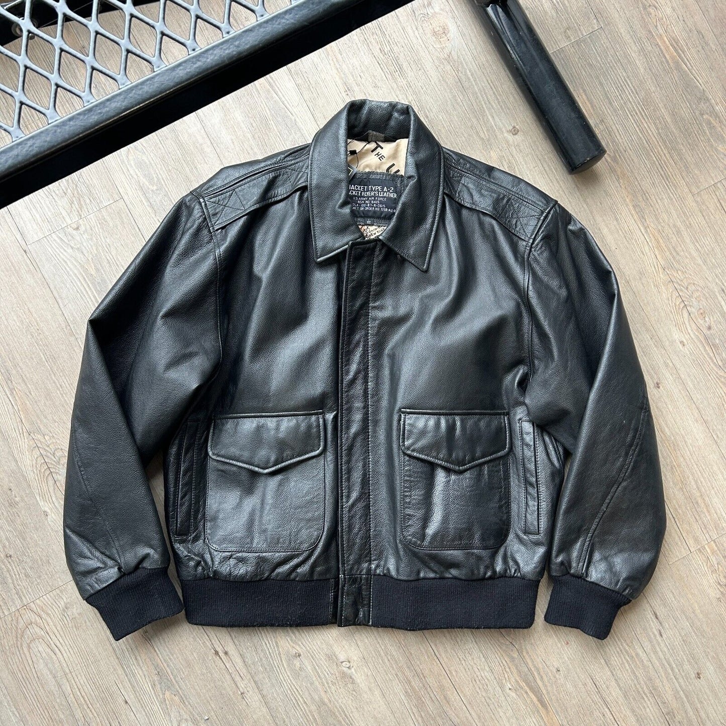 VINTAGE | Type A-2 Flyers Black Leather U.S Army Bomber Jacket sz L