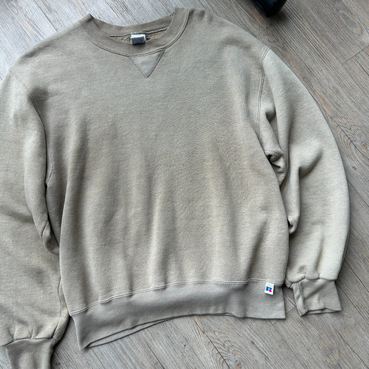 VINTAGE 90s | Russell Athletic Faded Tan Crew Sweater Made in USA sz M