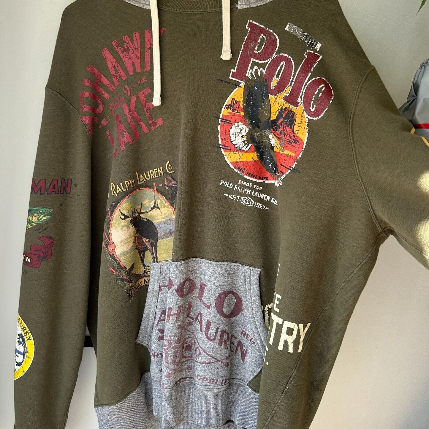 Polo Ralph Lauren All Over Print Sportsman Patchwork Hoodie sz XL Olive Green