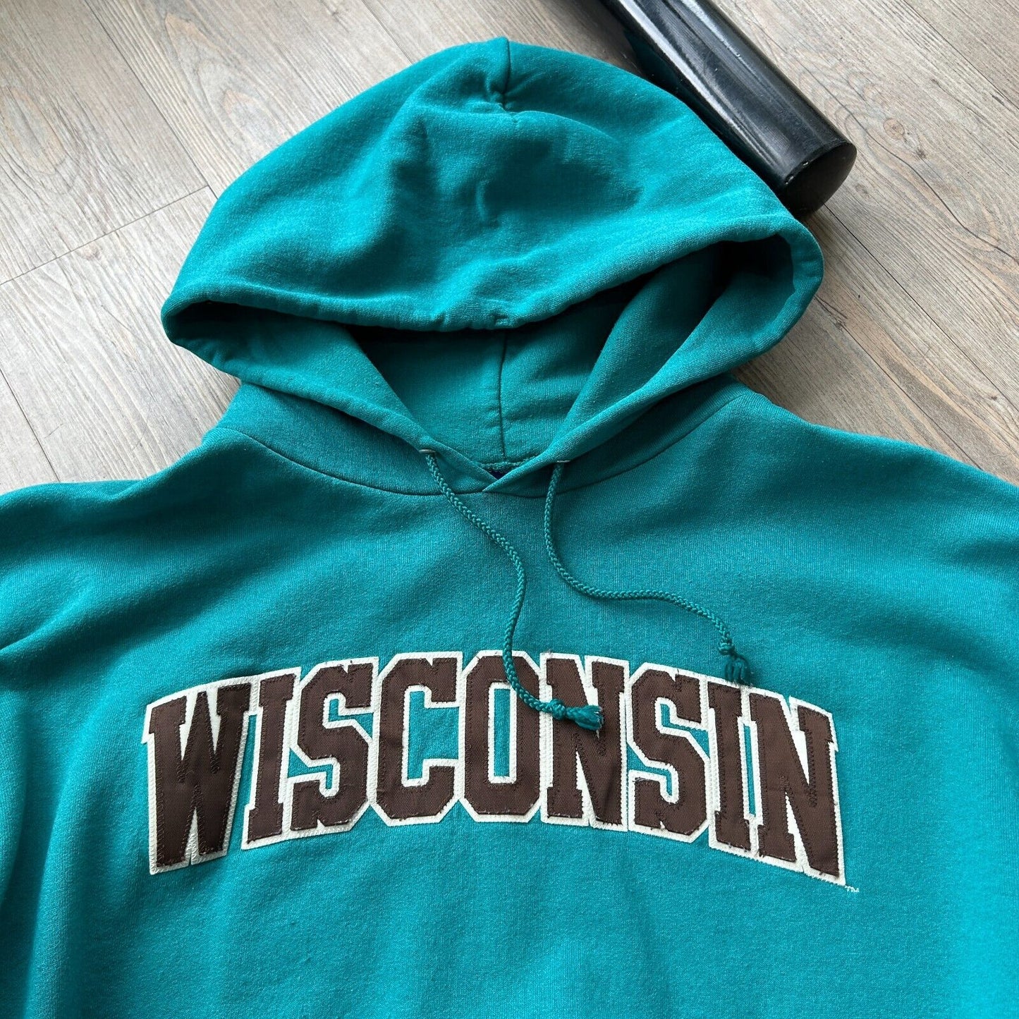 VINTAGE | WISCONSIN Teal Champion Hoodie Sweater sz L Adult