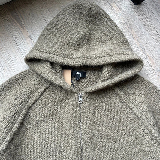 STUSSY | Fossil Green Hooded Alpaca Wool Full Zip Chunky Knit Sweater sz L NWT