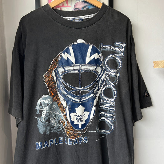 VINTAGE 90s | Toronto Maple Leafs Goalie Mask Faded Hockey T-Shirt sz XL