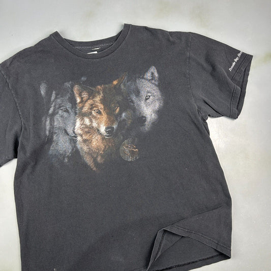 VINTAGE | Faded Wolves Pancake Bay ON Black Nature T-Shirt sz L-XL Adult