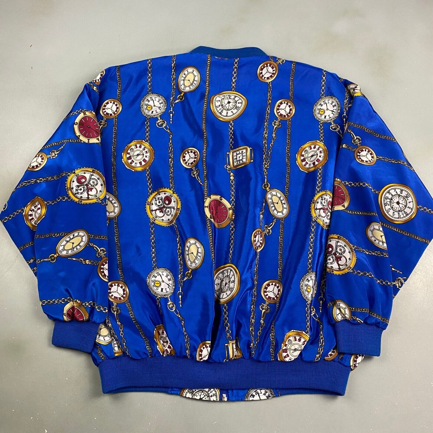 VINTAGE 80s Designer Pocket Watch All Over Print Satin Jacket sz Large Adult