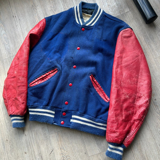 VINTAGE 80s | Thrashed Delong Blank Varsity Bomber Jacket sz L