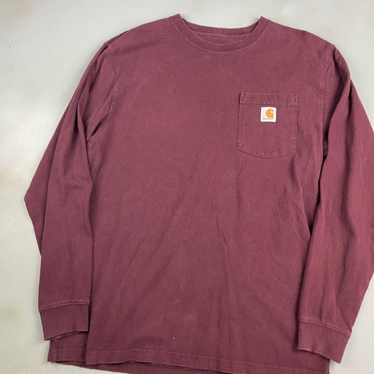 VINTAGE Carhartt Patch Logo Maroon Long Sleeve Pocket T-Shirt sz Medium Adult
