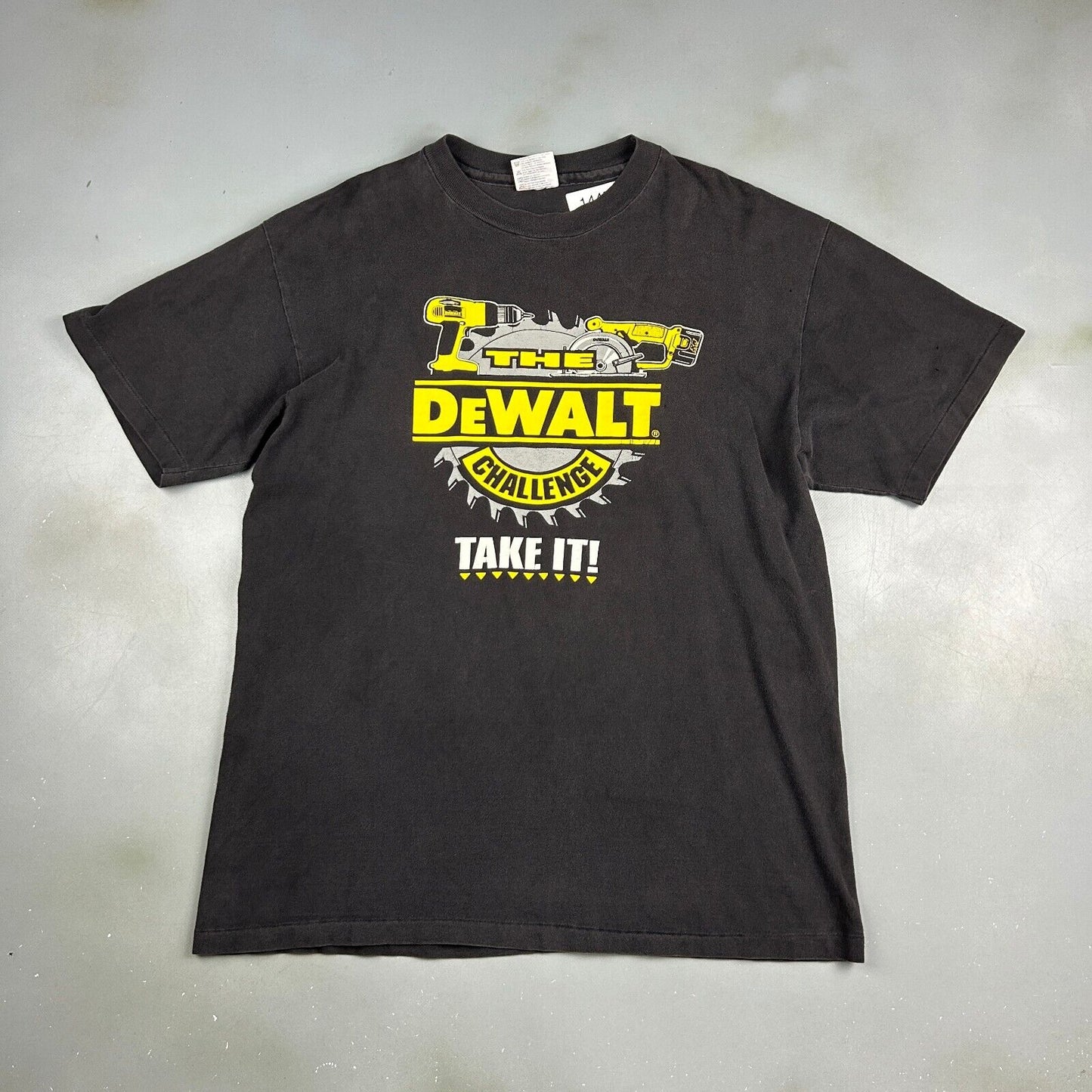 VINTAGE 90s DeWALT Challenge Cordless Not Gutless Black T-Shirt sz Large Adult