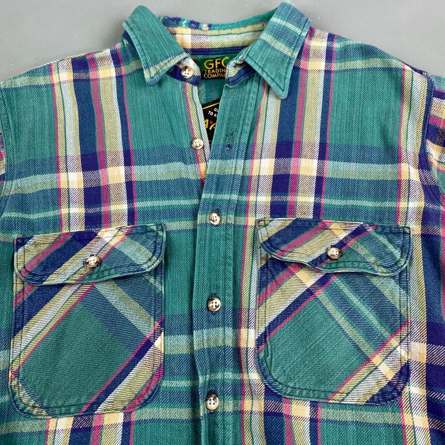 VINTAGE 90s GFC Faded Plaid Flannel Button Up Shirt sz Medium Adult