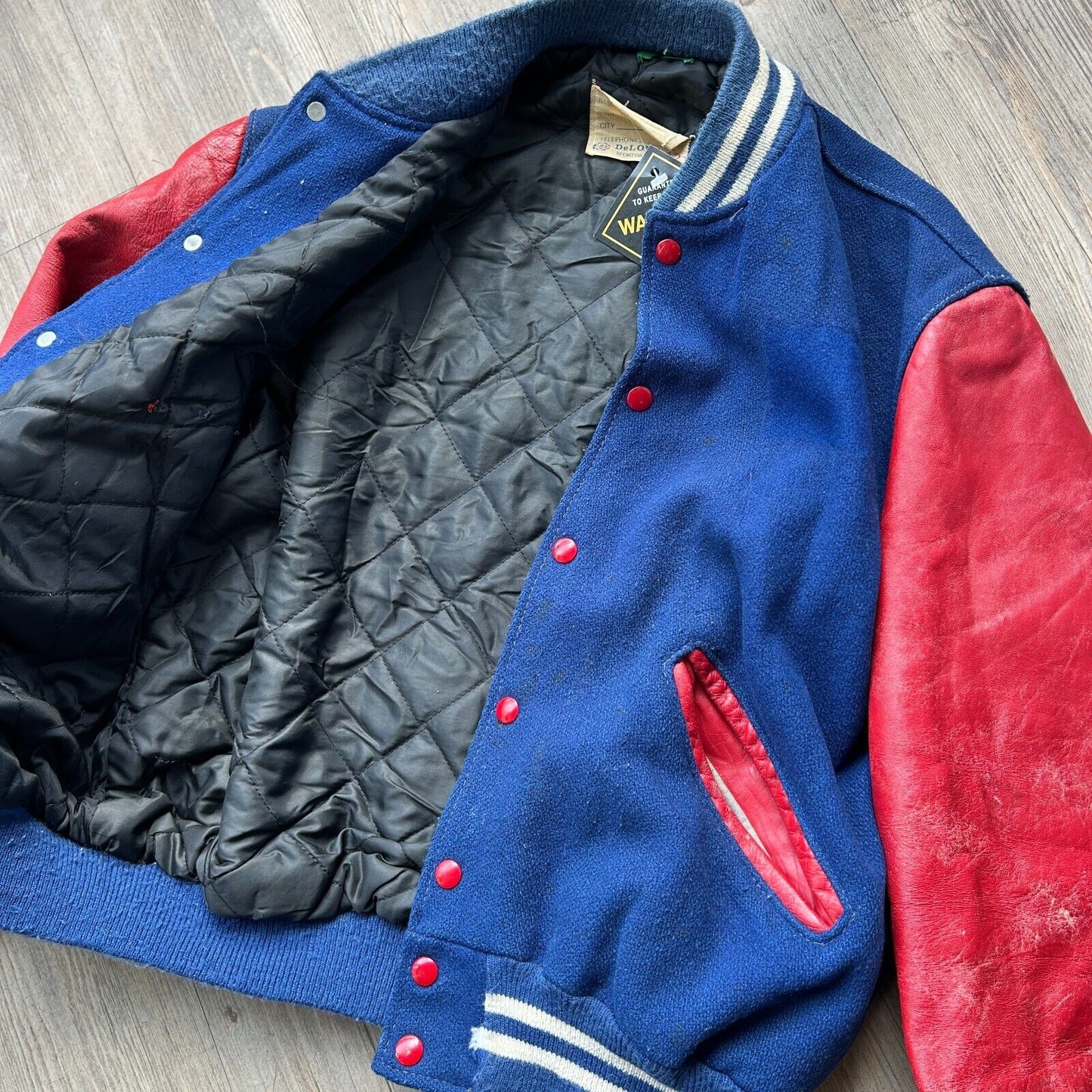 VINTAGE 80s | Thrashed Delong Blank Varsity Bomber Jacket sz L