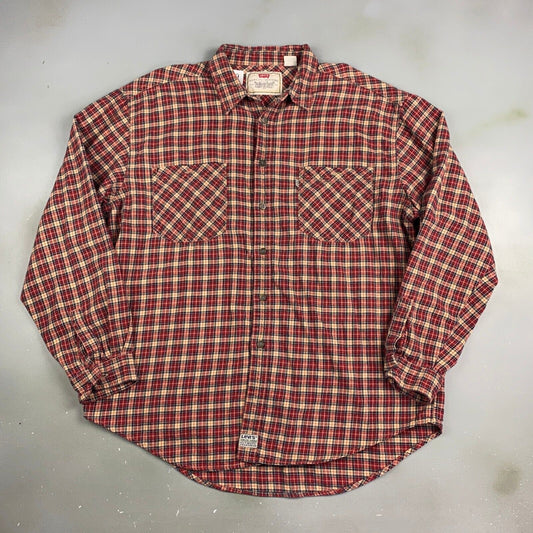VINTAGE LEVIS Red Plaid Flannel Button Up Shirt sz XL Adult