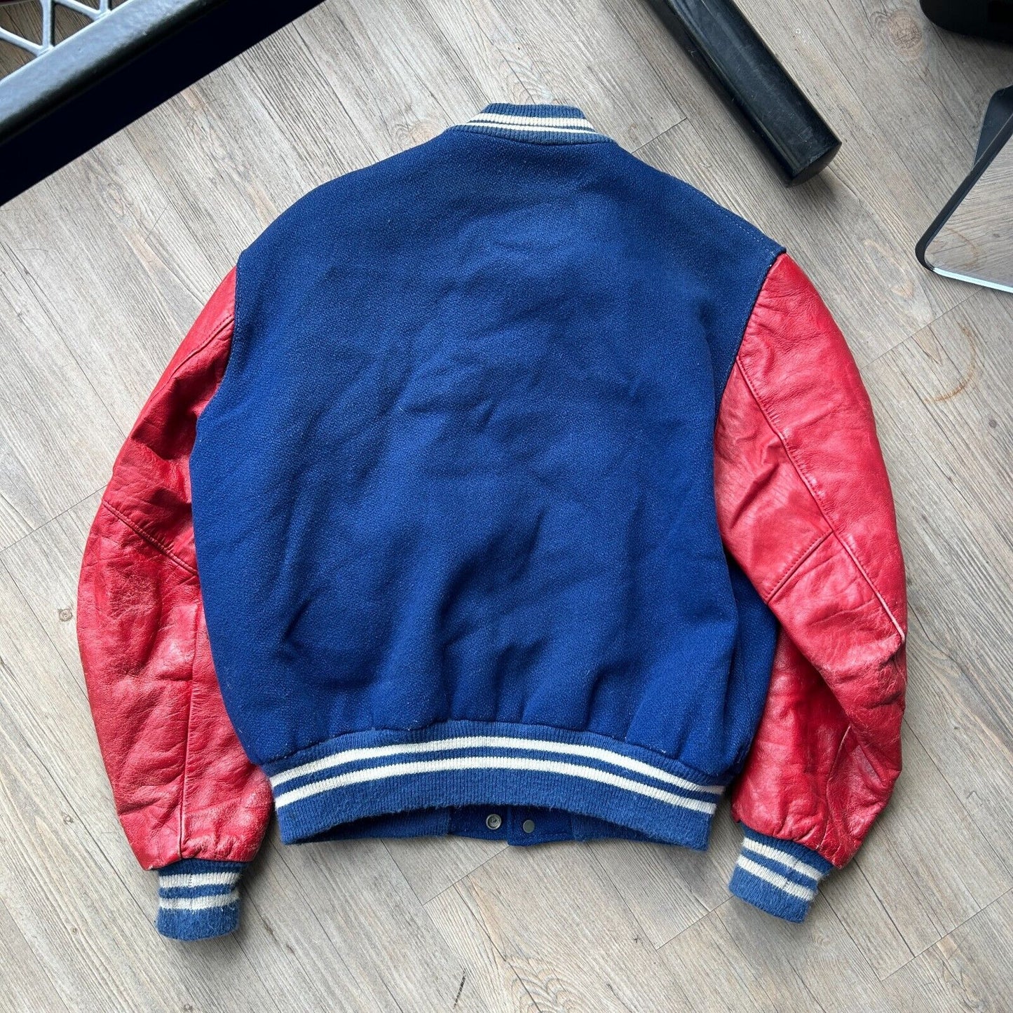 VINTAGE 80s | Thrashed Delong Blank Varsity Bomber Jacket sz L