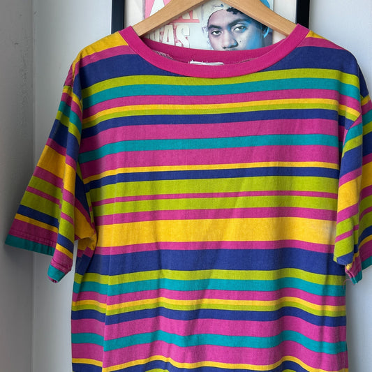 VINTAGE 90s | Blank Multicolor Striped T-Shirt sz L