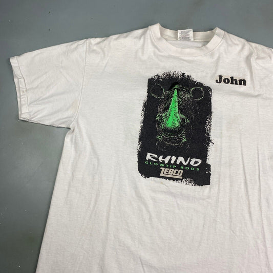 VINTAGE 90s Zebco Rhino Glow Tip Rods White T-Shirt sz XL Adult