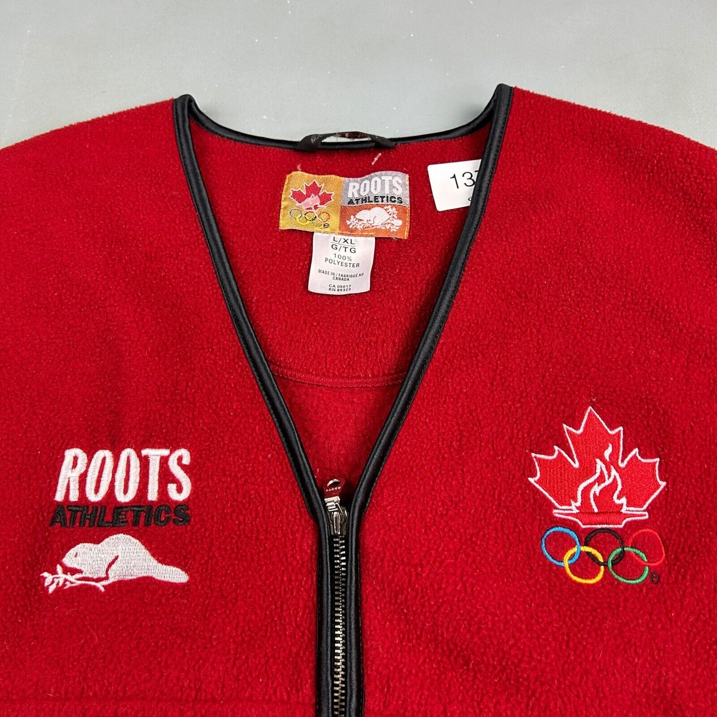 VINTAGE 90s ROOTS Athletics Olympics Red Fleece Zip Up Vest Sweater sz L Adult