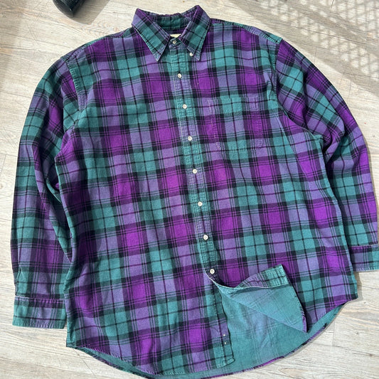 VINTAGE 90s | L.L. Bean Plaid Flannel Corduroy Button Down Shirt sz XL