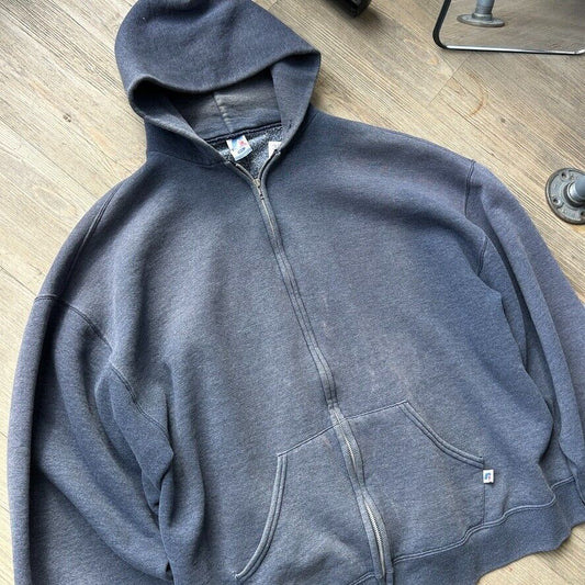 VINTAGE | Faded Blank Blue Russell Athletic Zip Up Hoodie Sweater sz XL