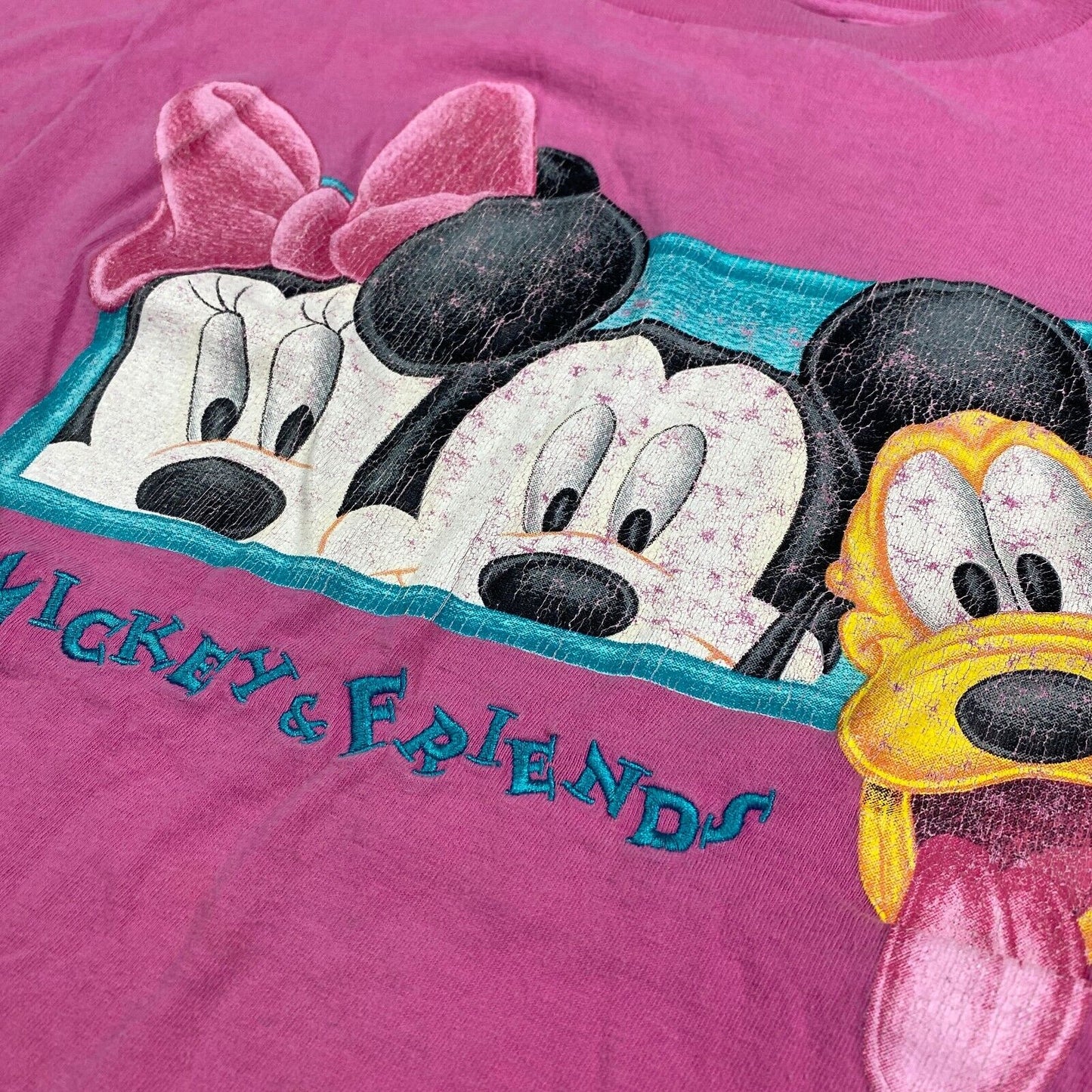 VINTAGE 90s Mickey & Friends Cartoon Embroidered Pink T-Shirt sz Medium Adult