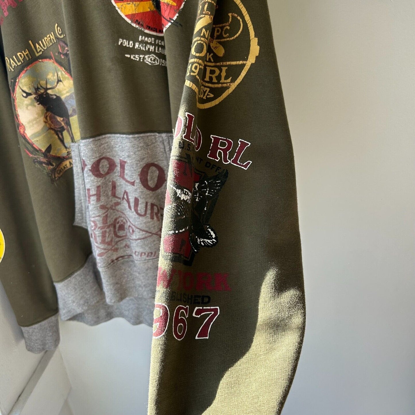 Polo Ralph Lauren All Over Print Sportsman Patchwork Hoodie sz XL Olive Green