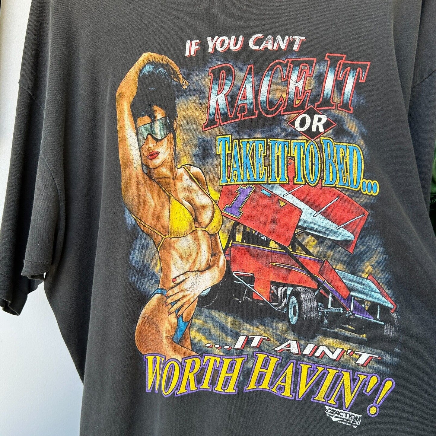 VINTAGE 90s | If You Cant Race It Or Take It To Bed Faded Car T-Shirt sz XL