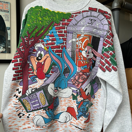VINTAGE 90s | Looney Tunes Trippy Tiny Cartoon All Over Print Crew Sweater sz L