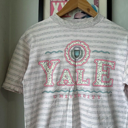VINTAGE 80s 90s | Yale University Pink Hue Stiped T-Shirt sz S-M