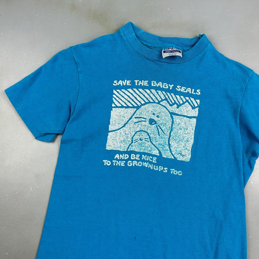 VINTAGE 90s | Save The Baby Seals Blue T-Shirt sz XS Men Adult
