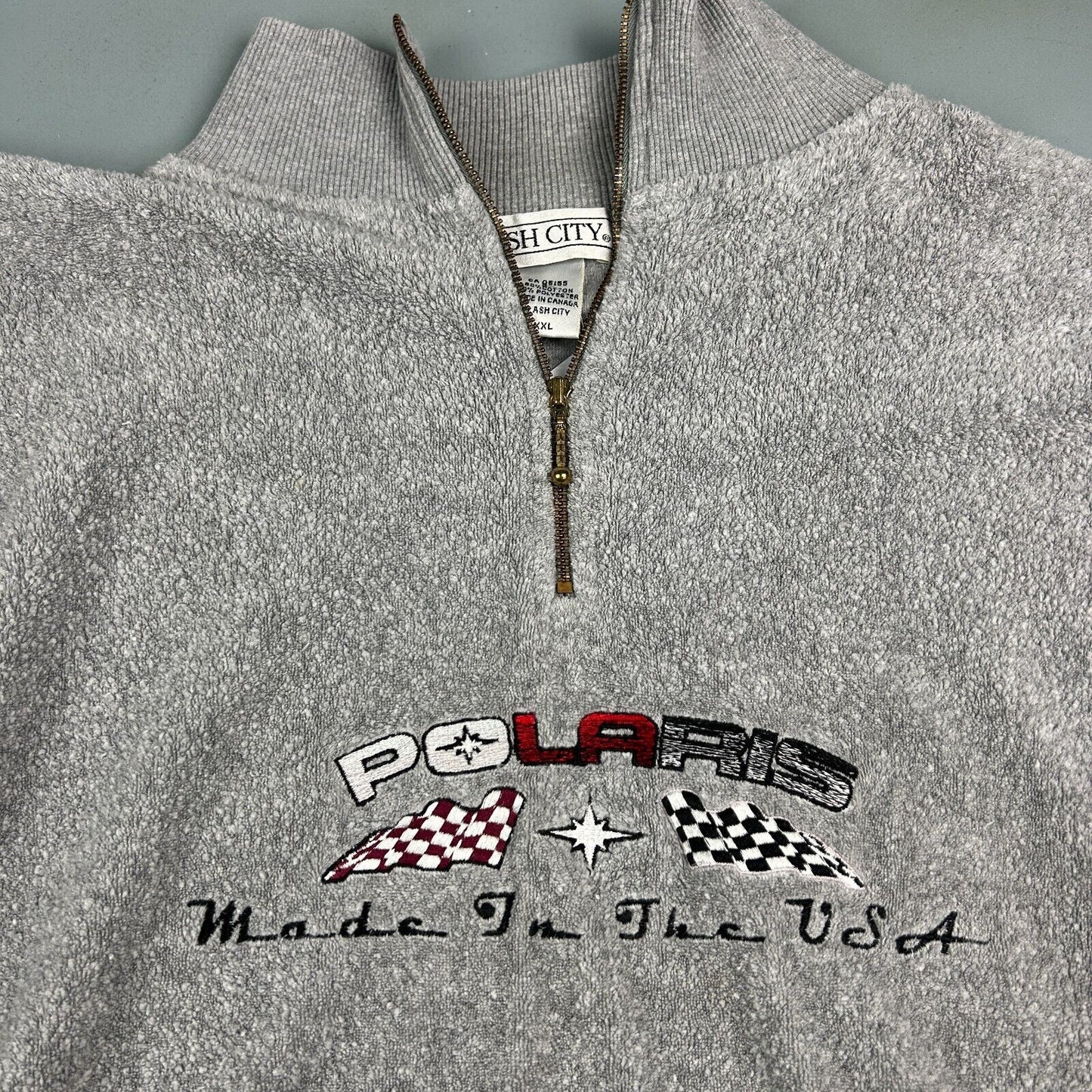VINTAGE 90s | POLARIS Racing Embroidered 1/4 Zip Fleece Sweater sz XXL Adult