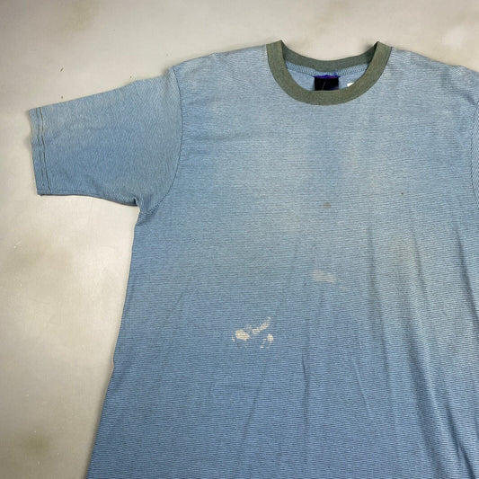 VINTAGE 90s Faded Striped Blue Ringer T-Shirt sz Large Adult