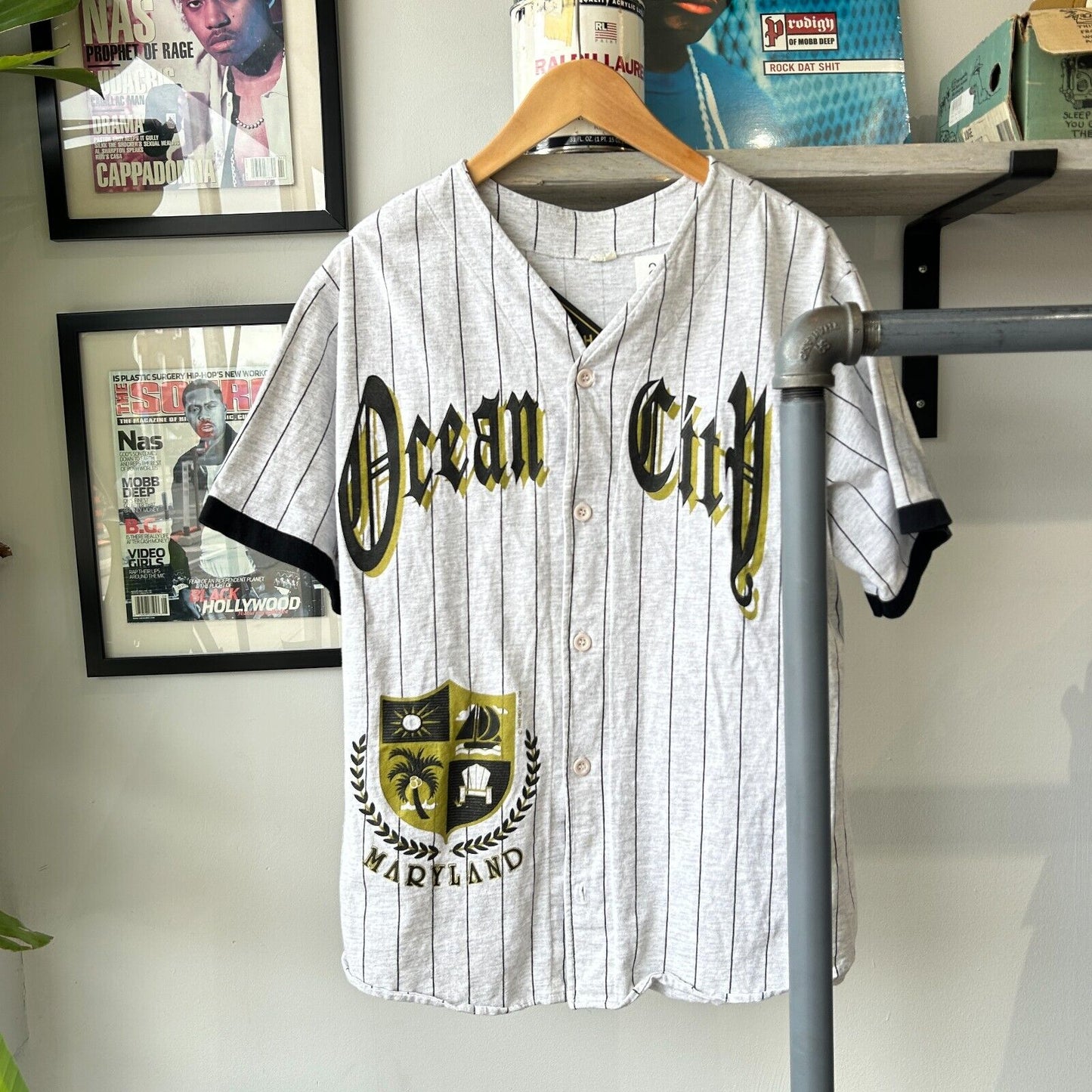 VINTAGE 90s | Ocean City Maryland Pinstriped Baseball Jersey T-Shirt sz L Adult