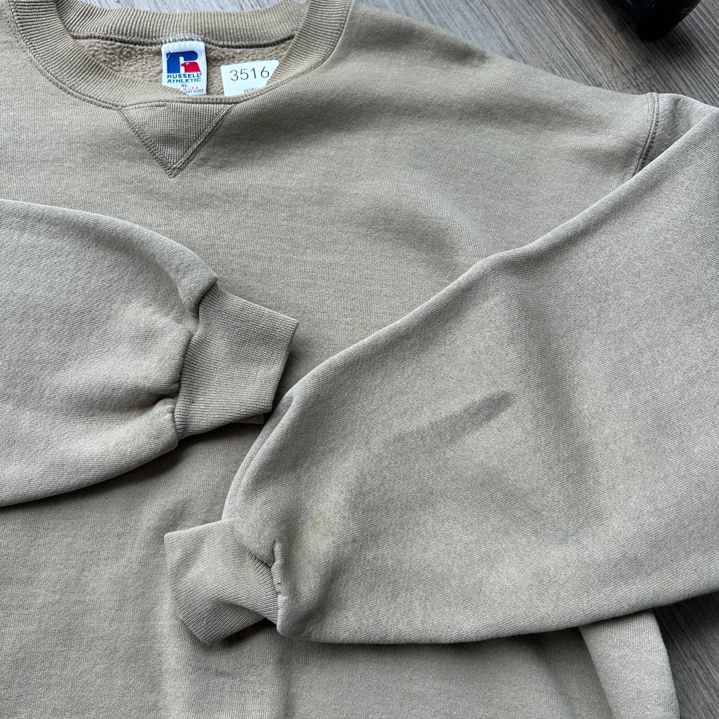 VINTAGE 90s | Russell Athletic Faded Tan Crew Sweater Made in USA sz XL
