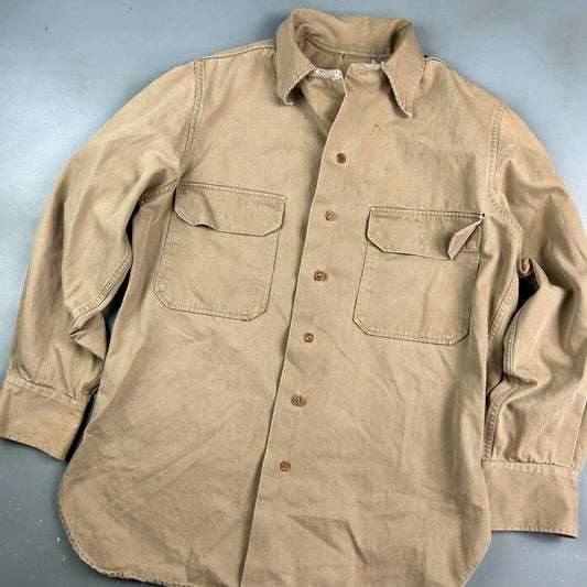 VINTAGE 70s | Tan Fatigue Army Military Button Down Shirt sz L Adult