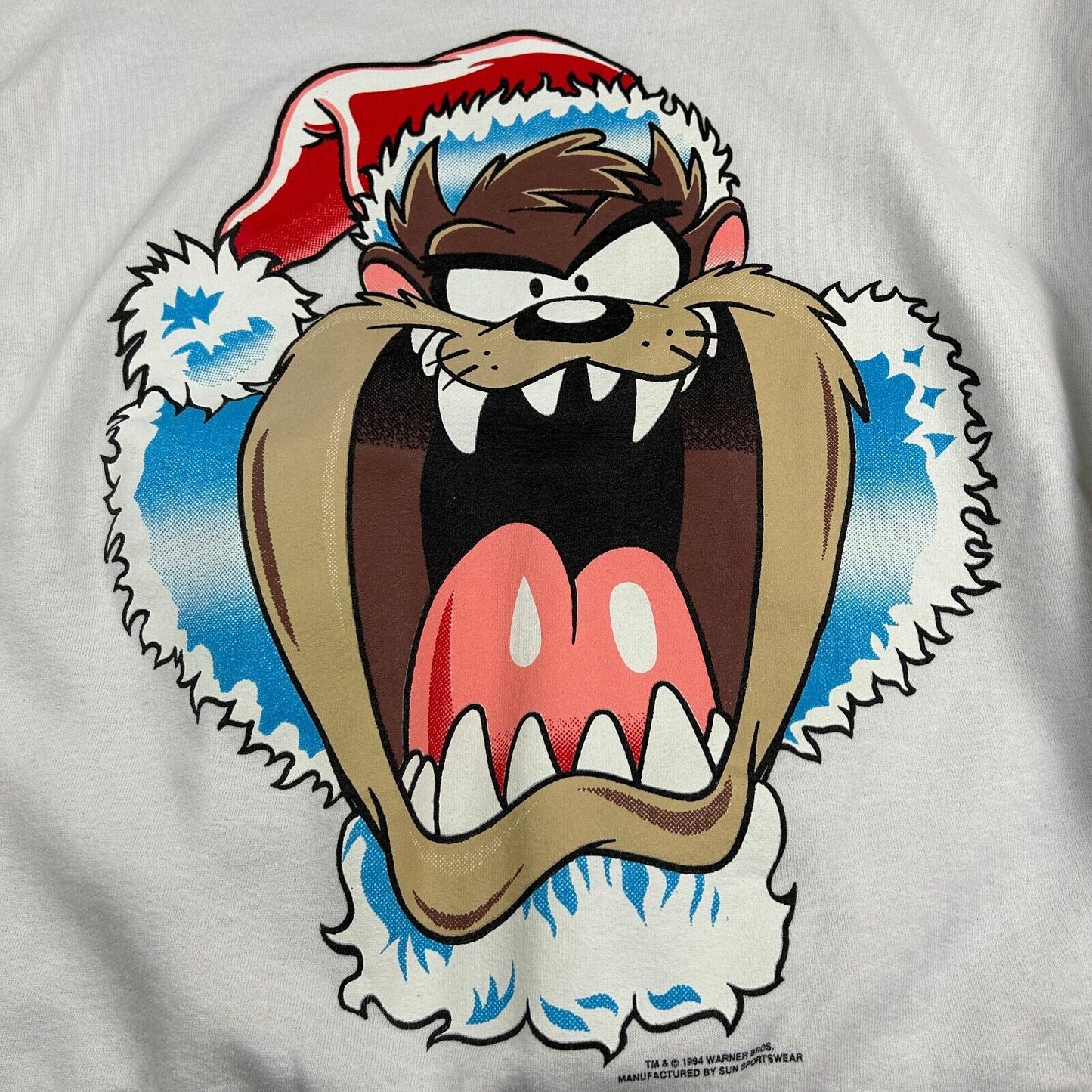 VINTAGE 90s TAZ Big Face Christmas White Crewneck Sweater sz Large Adult