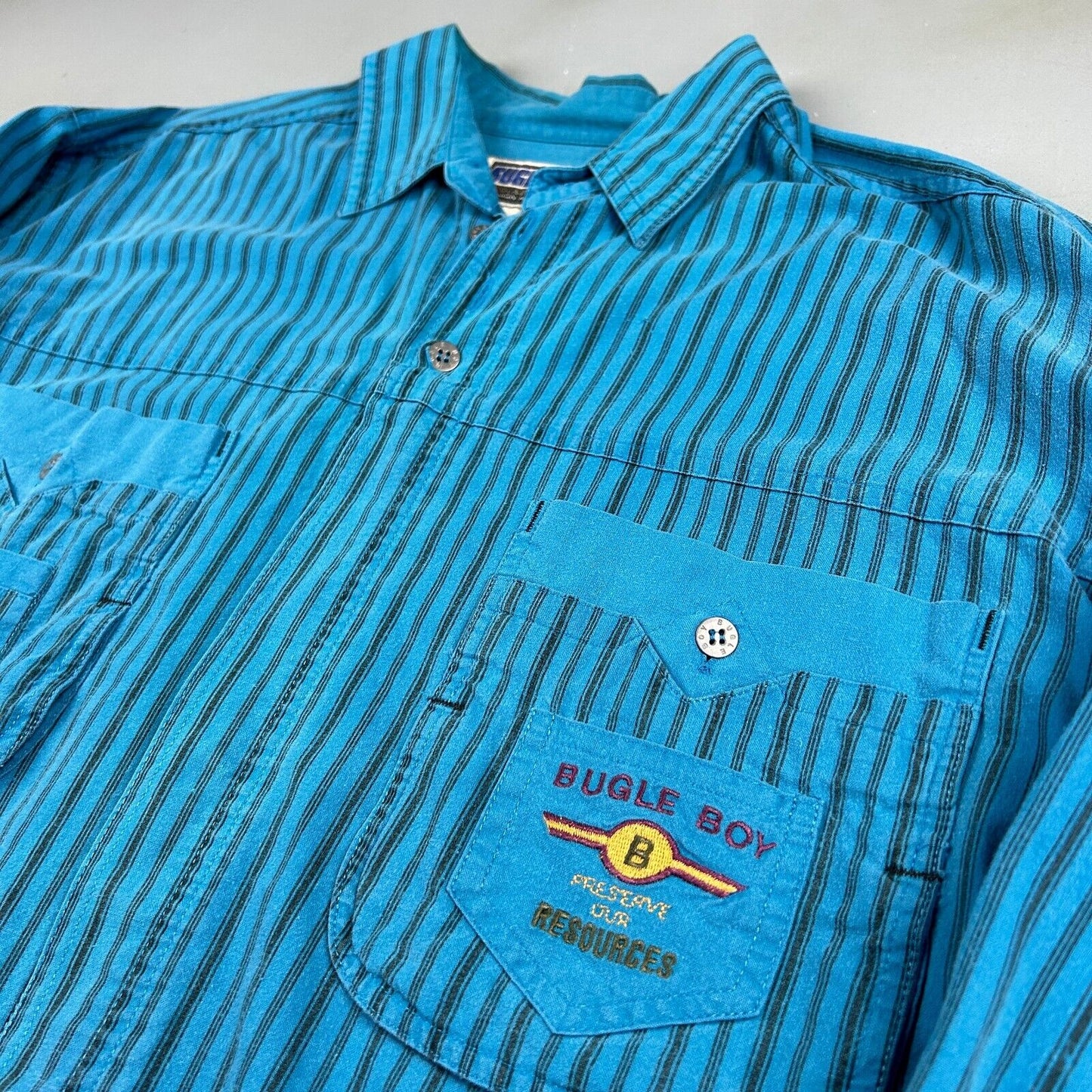 VINTAGE 90s Bugle Boy Preserve Our Resources Striped Button Up Shirt sz M Adult