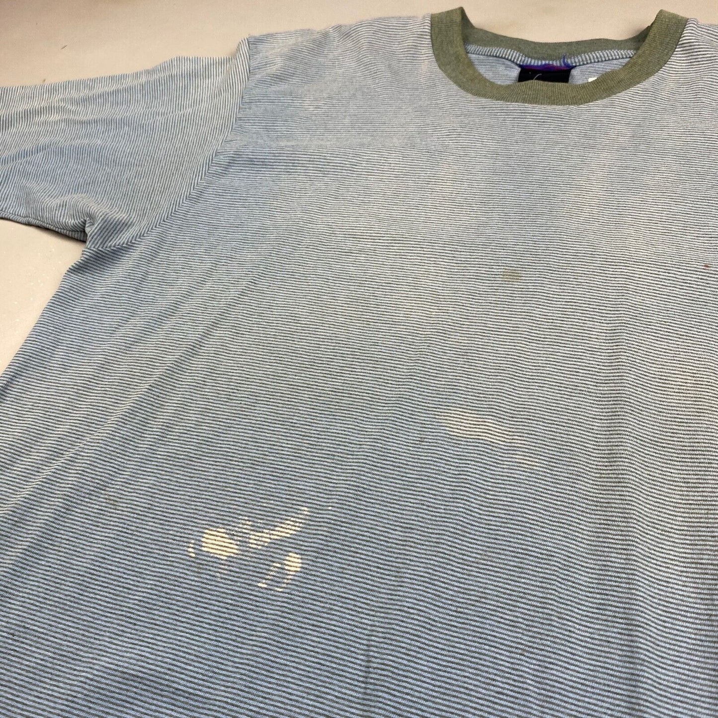 VINTAGE 90s Faded Striped Blue Ringer T-Shirt sz Large Adult