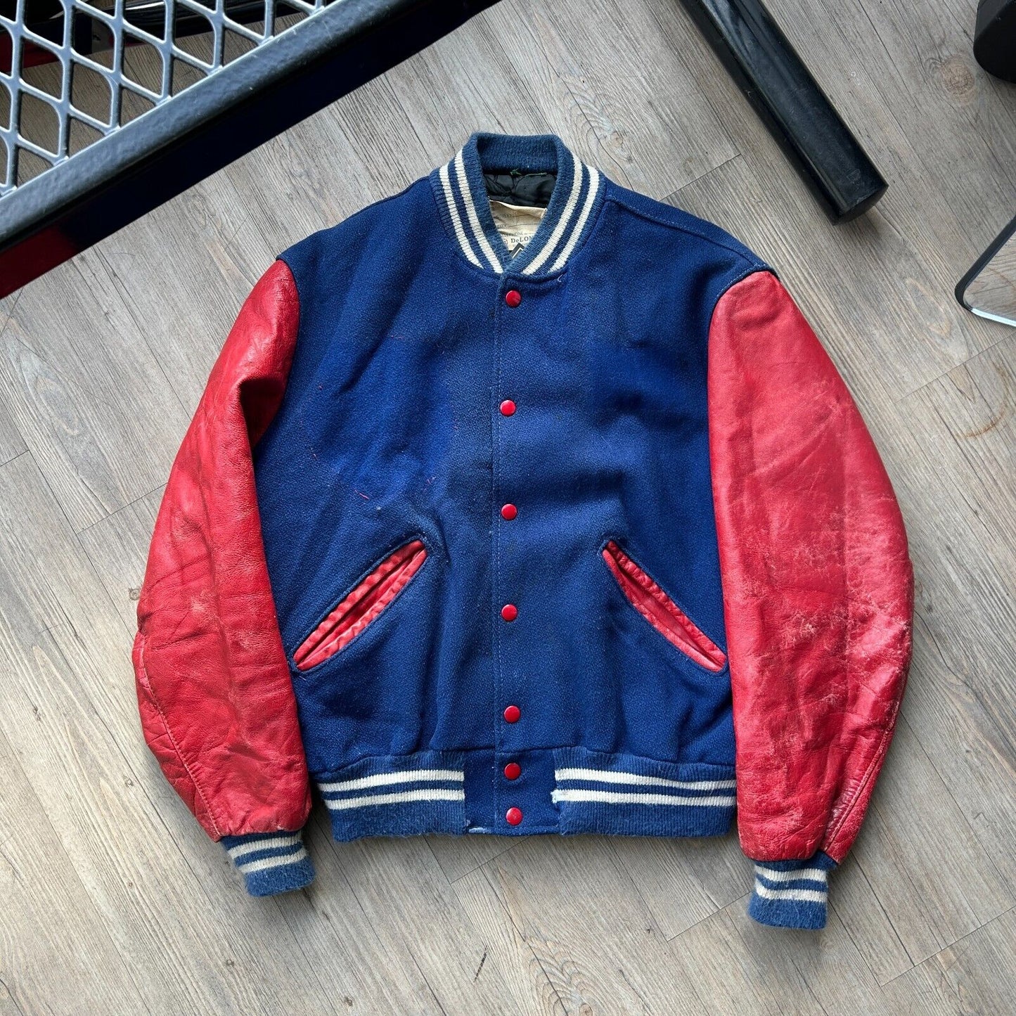 VINTAGE 80s | Thrashed Delong Blank Varsity Bomber Jacket sz L