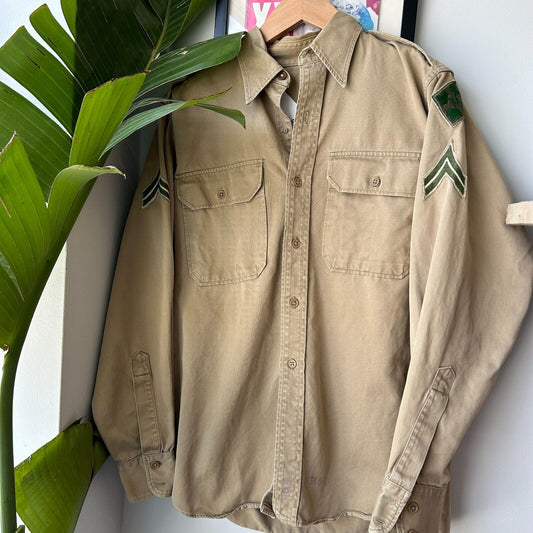 VINTAGE 70s 80s | Military Fatigue Tan Button Down Shirt sz L Adult