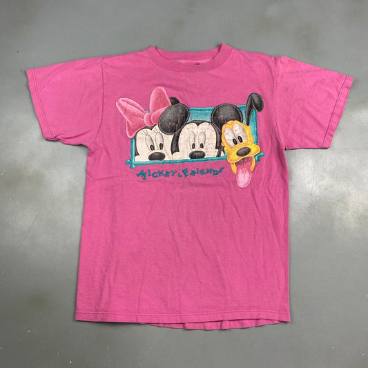 VINTAGE 90s Mickey & Friends Cartoon Embroidered Pink T-Shirt sz Medium Adult