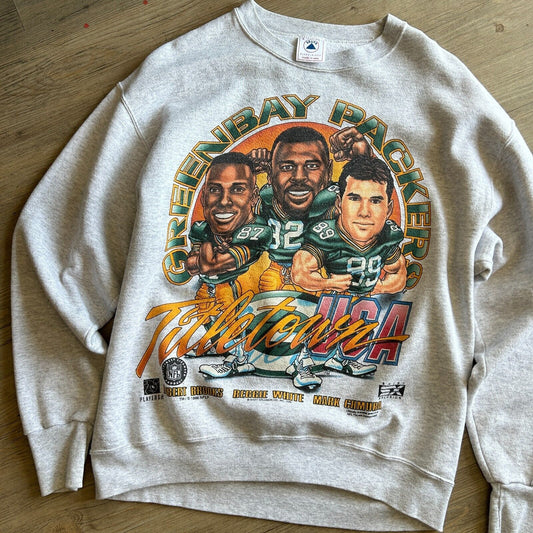 VINTAGE 90s | Green Bay Packers Title Town Players Illustration Sweater sz L