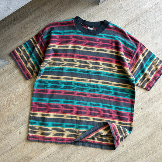 VINTAGE 90s | Striped Ikat Reggae Rasta Textured Surf Skate T-Shirt sz L/XL