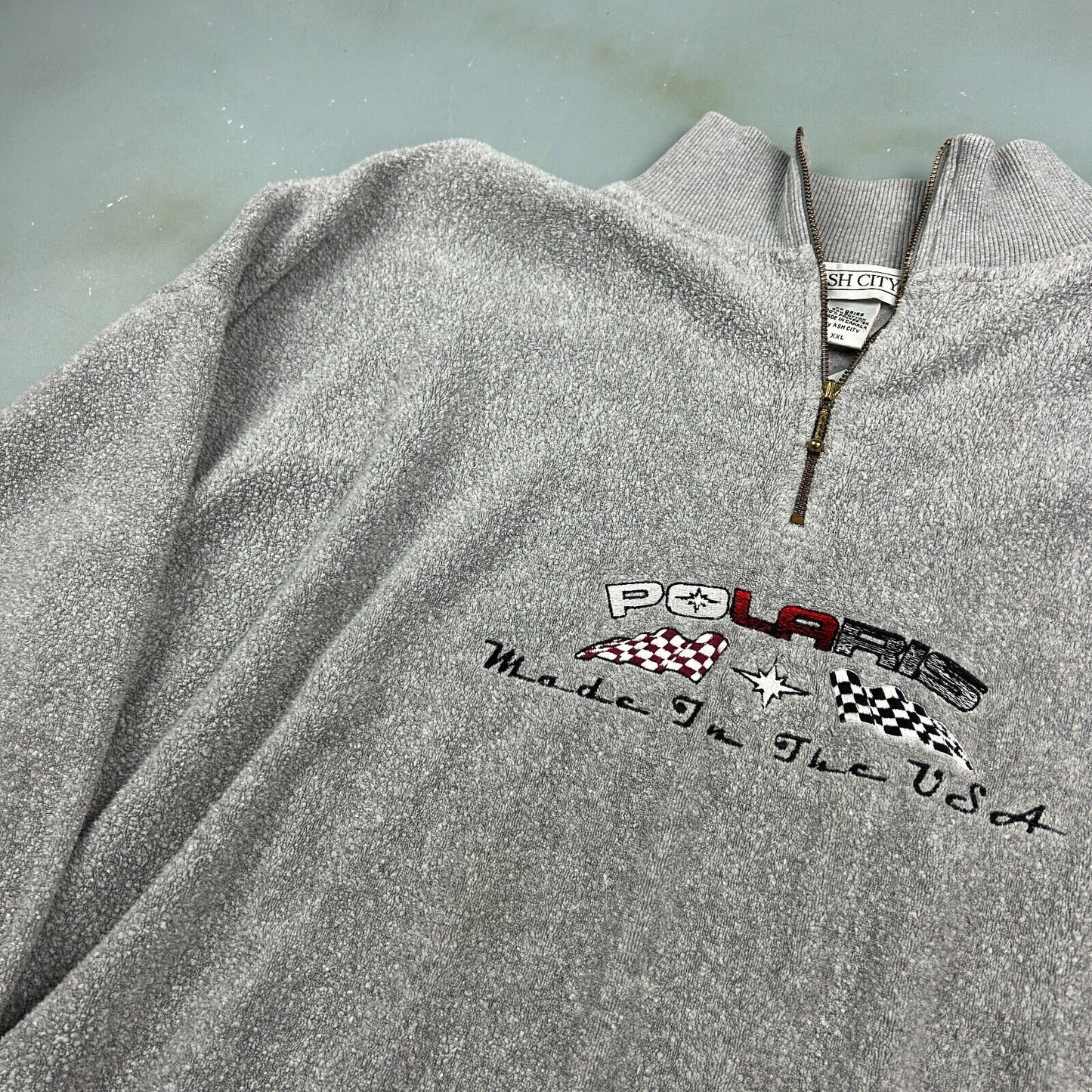 VINTAGE 90s | POLARIS Racing Embroidered 1/4 Zip Fleece Sweater sz XXL Adult