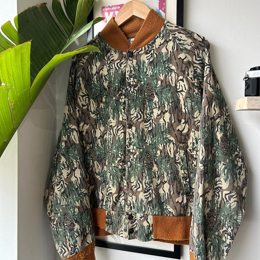 VINTAGE 80s | Piney Woods Natural Tree Camo Bomber Jacket sz L Adult