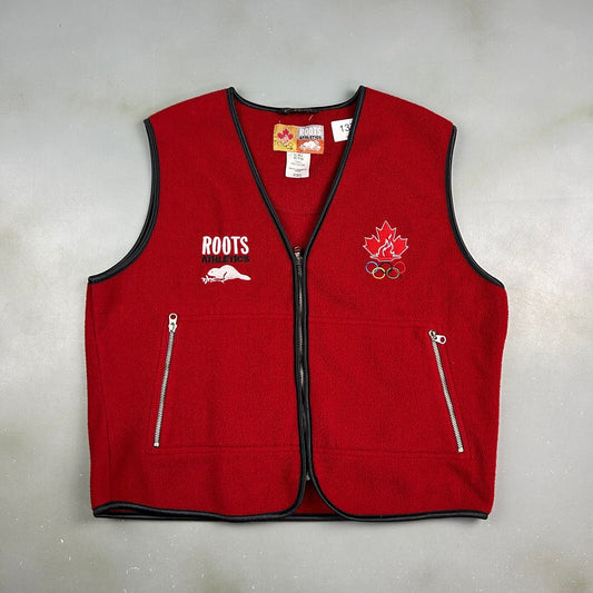 VINTAGE 90s ROOTS Athletics Olympics Red Fleece Zip Up Vest Sweater sz L Adult