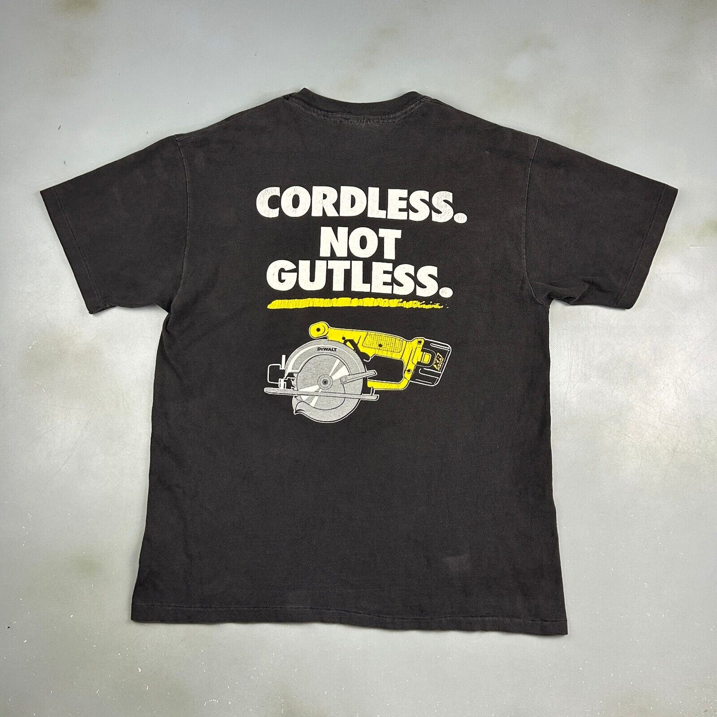 VINTAGE 90s DeWALT Challenge Cordless Not Gutless Black T-Shirt sz Large Adult