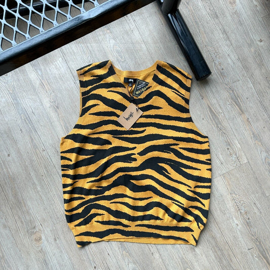 STUSSY Mustard Tiger Knit Merino Wool Blend Sweater Vest sz L Adult